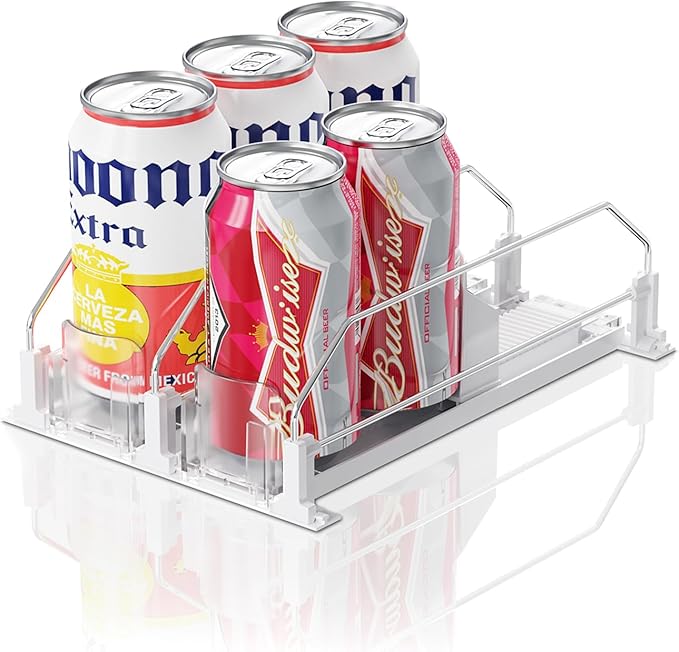 Drink Organizer for Fridge,12oz - Soda Can Dispenser for Refrigerator,Width Adjustable,Automatic Pusher Glide (White 10" D, 2ROWS)