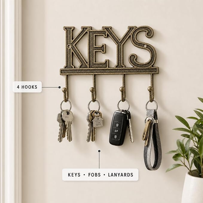 Comfify Gold-Black Cast Iron Key Holder for Wall – Keys Sign with 4 Hooks | Warm gold with black antique finish; mounting hardware included; entryway, hallway or door; 6"H x 8"L; holds 8 keychains