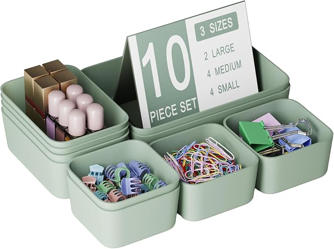 Drawer Organizers Bins 10 PCS for Bathroom Makeup Desk Office | with Non-slip Pads, 3 Sizes, Plastic Tray, Vanity Organizer, Kitchen Utensils Organizer
