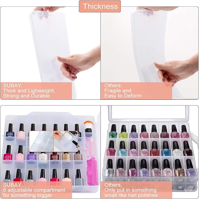 SUBAY 2 Pcs Portable Nail Polish Organizer, Clear Double Side Nail Polish Holder ,Gel Nail Storage for 48 Bottles with 6 Adjustable Dividers in Each Side Space Saver