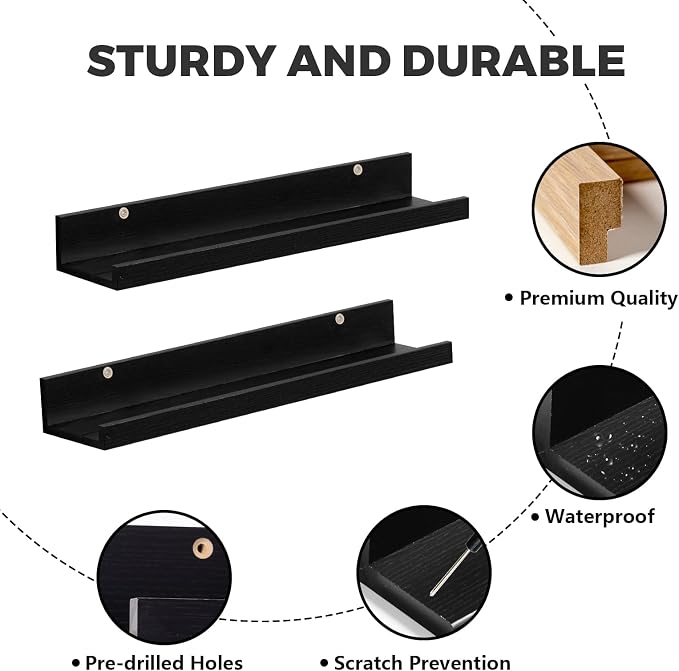 Muzilife 16" Floating Wall Ledge Shelves with Lip - Set of 2 Wood Floating Shelves - Black Wall Mounted Picture Ledge for Office, Bathroom, Bedroom, Living Room, Kitchen