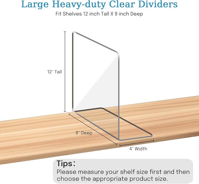 OKPOW Shelf Dividers Closet Organizer - 12" Tall X 9" Deep Acrylic Clear Sturdy Separate for Clothes Purse - Adjustable Space Saver Easy Install for Home Organization Enthusiasts 8 Pack