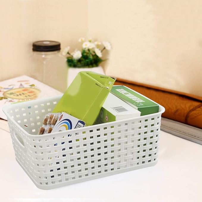 4-Pack Small Storage Baskets, Woven Plastic Basket, White | 10" x 7.7" x 4", Home Organization, Space - Saving Storage, Stylish Design, Organizer Baskets for Cabinet, Closet, Office