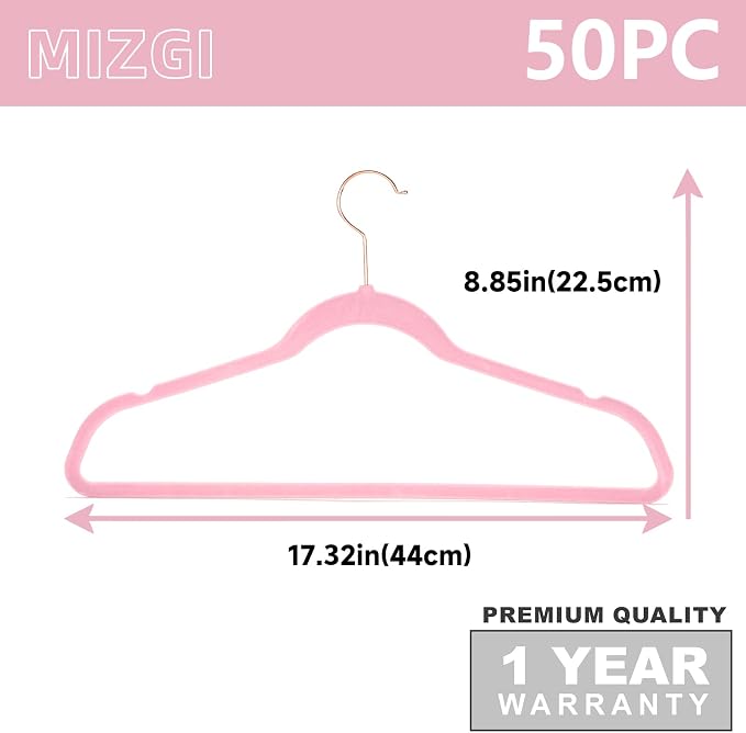 MIZGI Premium Velvet Hangers (Pack of 50) Heavy Duty - Non Slip - Velvet Suit Hangers Light Pink - Copper/Rose Gold Hooks, Space Saving Clothes Hangers