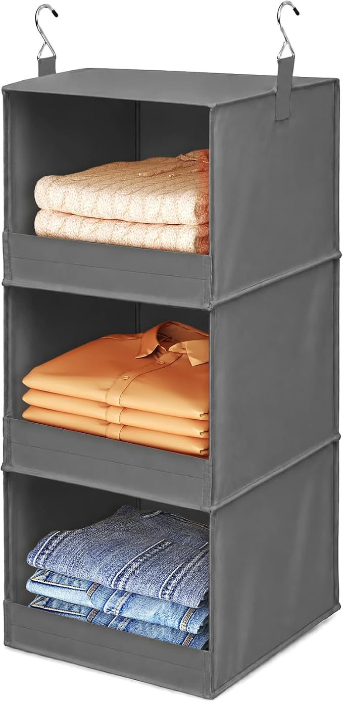 Lifewit 3 Tier Hanging Closet Storage Organizer for Shelves, Front Anti-Slip Clothes Storage Hanger with 2 Sturdy Hooks, Vertical Foldable Sweater Organization for Shlef, Wardrobe, Dorm, RV, Gray