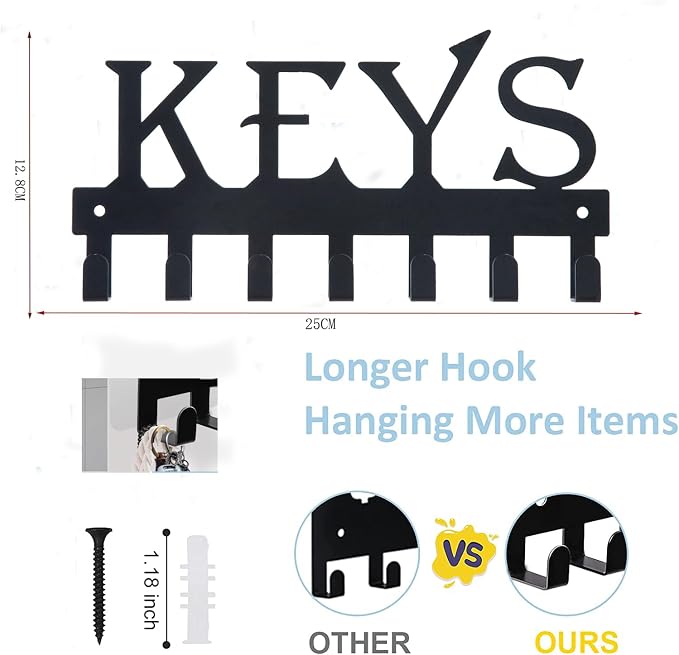 FairyCity Keys Holder for Wall Metal Vintage Keys Hook-25cm*12.8cm Home Decor Key Hanger Decorative with 7 Hooks,Black…