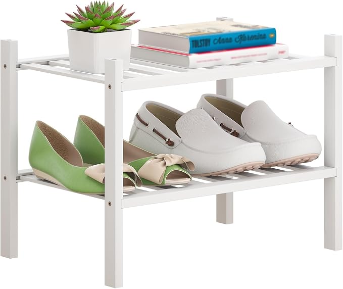 Bamboo Shoe Rack Stackable Shoe Shelf Storage Organizer for Unit Entryway Hallway and Closet Sturdy Freestanding Small Shoe Shelf(2S Tier White)