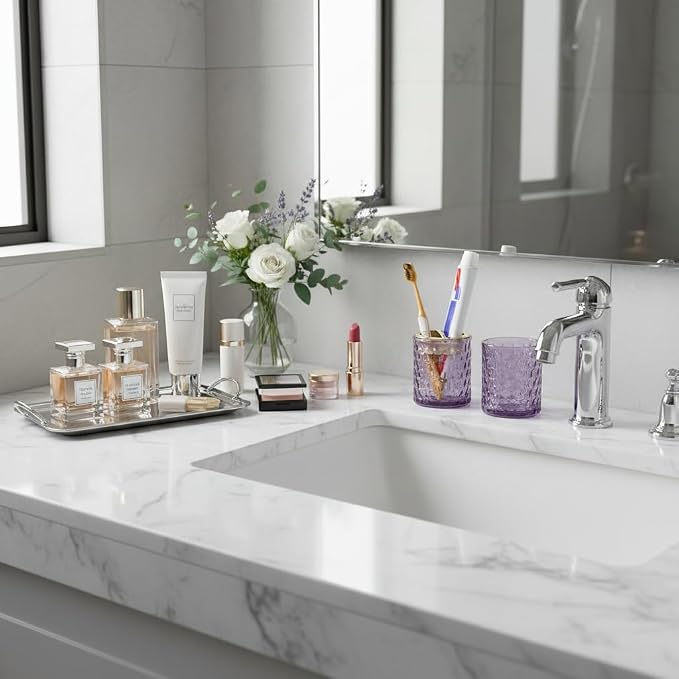2pcs Purple Toothbrush Holders for Bathrooms, Glass Toothbrush Holder and Bathroom Tumbler Set, Gold Tooth Brush Cup Holder, Bathroom Counter Organizer for Brushes, Toothpaste