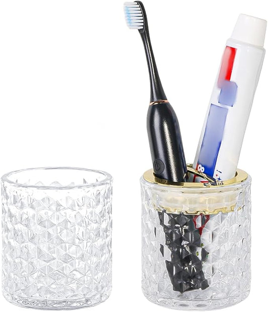 2pcs Clear Glass Toothbrush Holder, Bathroom Tumbler Cups and Toothpaste Holder Set, Tooth Brush Cup Organizer with Gold Divider, Bathroom Toothbrush Cup for Countertop Decor
