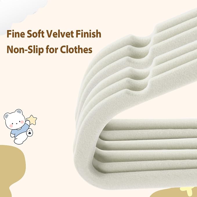 Baby Velvet Hangers, 11 Inches Kids Clothes Hangers, Non-Slip Childrens Hangers for Infant and Toddler 32 Pack Cream