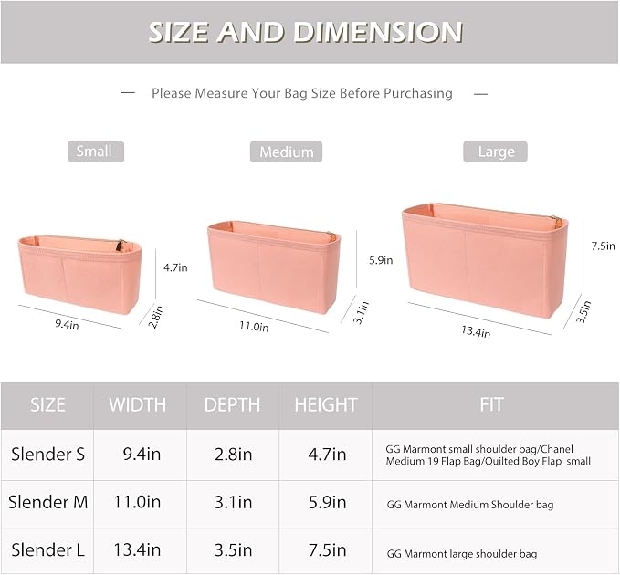 Surblue Purse Organizer Insert for Handbags, Felt Bag Organizer with Zippers Handbag Shaper Pouch for Classic 19 Flap Bag, Marmont, Onthego,（Lightpink, Slender M）