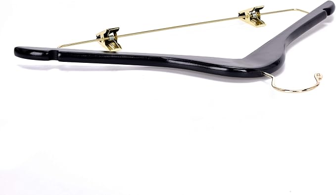 Quality Wooden Skirt Hangers with Clips, 10-Pack Smooth Solid Wood Pants Hangers with Durable Adjustable Metal Clips, Swivel Hook, Coat, Jacket, Blouse Suit Hangers (Black - Gold Hook, 10)