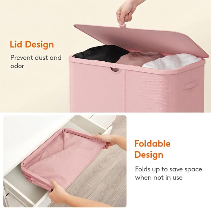 Lifewit 185L 3 Section Laundry Hamper with Lid, Large Laundry Basket with Handles and Removable Bags, Tall Clothes Hamper, Foldable Laundry Sorter for Bedroom Bathroom, Pink