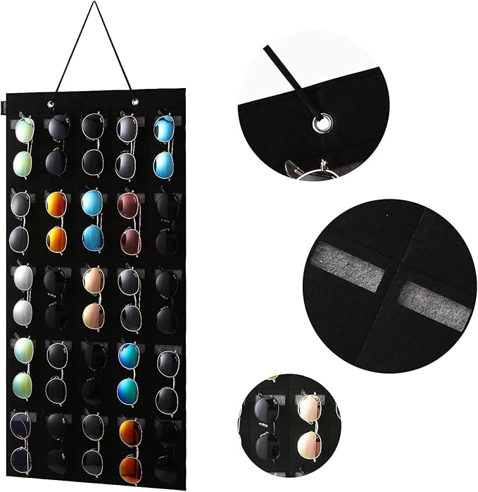 Sunglasses Organizer Storage- Hanging Eyeglasses Wall Pocket Mounted,Eyewear Display,25 Slots (Black, Large)