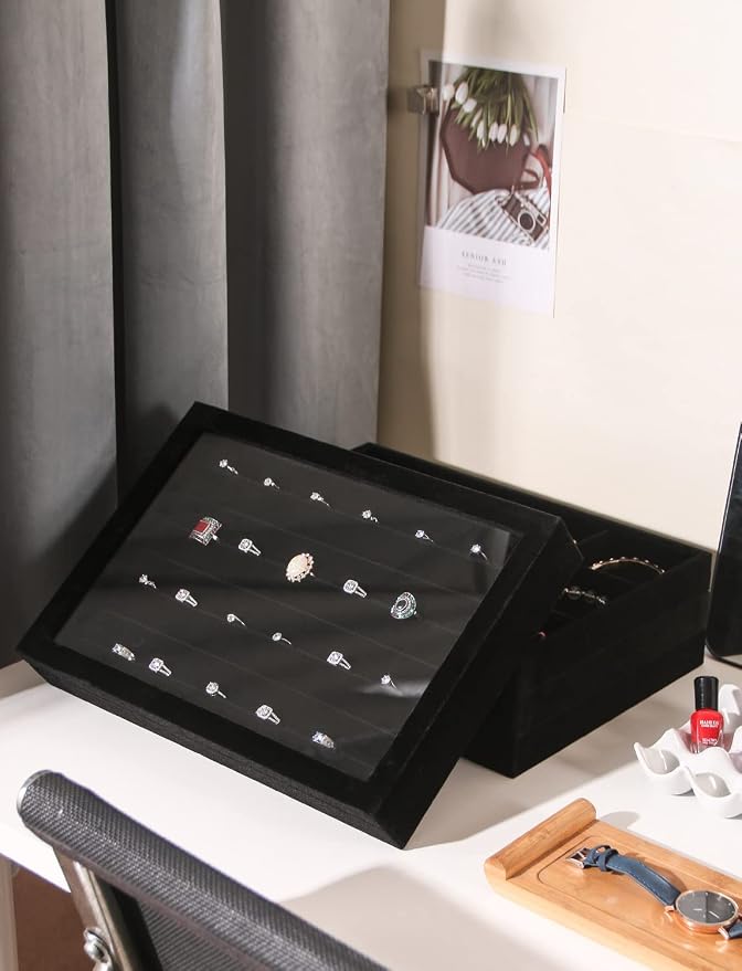 Coward Set of 5 Stackable Jewelry Organizer Tray Necklace Earring Box Storage Ring Bracelet Display Holder (Black(ring+necklace+earring+12grid))