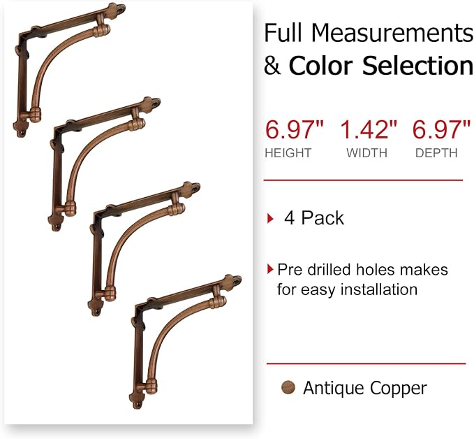 NACH Decorative Shelf Brackets, 2 Pack of 7.25 x 1.6 x 7.25 inch Copper Cast Iron Shelf Brackets - Decorative Brackets for Mounting - Industrial Style Brackets