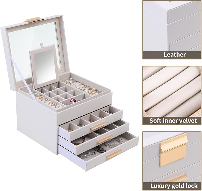 BOOVO Clear Lid Jewelry Box,3 Layers Jewelry Organizer Large Jewelry Storage Box with 2 Drawers,Jewelry Holder Organzier of Rings Earrings Necklace Bracelets for Women (White, 4 Layer)