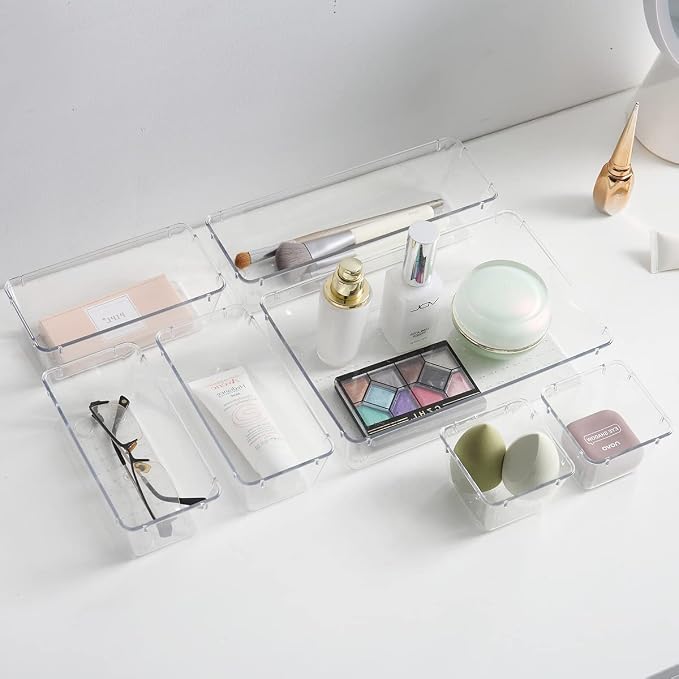 Byomostor 28PCS Clear Plastic Drawers Organizer in 4 Sizes, Ultimate Drawer Organizer Bins for Bathroom, Vanity, Junk Drawer, Office - Store Makeup, Jewelries, Supplies, and Tools with Ease
