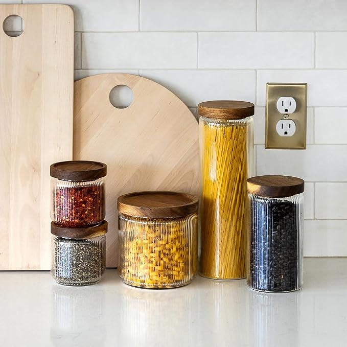 Mason & Fable Ribbed Glass Canisters or Spaghetti Jars with Airtight Wood Lid- Tall Storage Containers for Pasta, Cereal or Flour -Ideal for Kitchen/Pantry Organization - 60 fl.oz, Set of 2