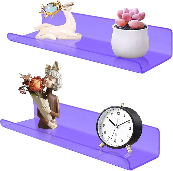 ROYALITA 2-Pack Small Acrylic Shelves Wall Mounted, 12 in Display Shelves | for Small Items, Plants, Room Decor Floating Wall Shelves for Gaming Room, Bedroom, Living Room, Office, Purple