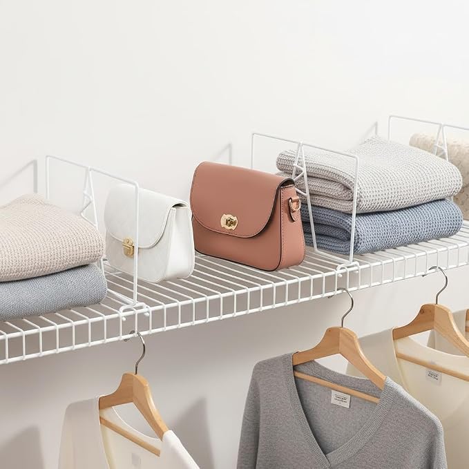 Wire Shelf Dividers - White Closet Organization & Storage Organizer - No Tool Shelf Divider for Wire Shelves - Metal Shelf Accessories – for 12“ Deep Wire Shelves – Tall 7” Height – 4 Pack