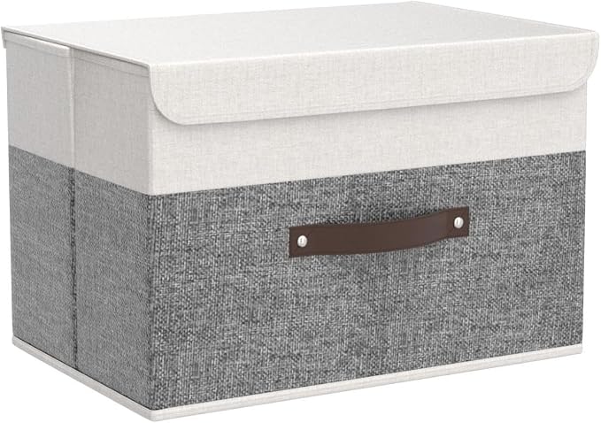 OUTBROS Storage Box with Lids, 17.7x11.8x11.8 inch (White/Grey, 3-Pack) | Foldable Linen Wardrobe Containers, Organiser For Towels, Clothes