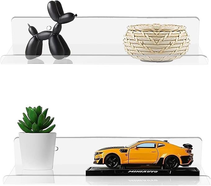 ROYALITA 2-Pack Small Acrylic Shelves Wall Mounted, 12 in Display Shelves | for Small Items, Plants, Room Decor Floating Wall Shelves for Gaming Room, Bedroom, Living Room, Office, Clear