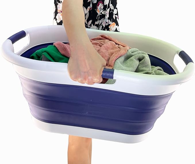 SAMMART 40L (10.5 gallon) Collapsible Plastic Laundry Basket - Foldable Pop Up Storage Container/Organizer - Portable Washing Tub - Space Saving Hamper/Basket (White/Navy Blue)