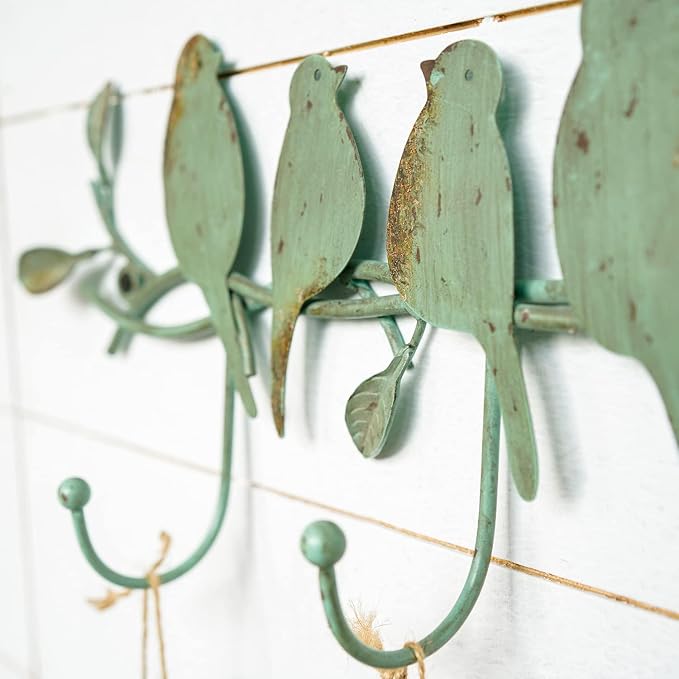 SOFFEE DESIGN Vintage Metal Wall Mounted Coat Rack with 3 Hooks, Birds on Tree Branch Hanger Key Holder Wall Organizer for Hats, Towels, Clothes, Scarves, Jewelry Wall Decoration - Green