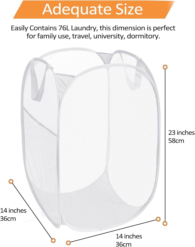 2 Pcs Durable Collapsible Laundry Baskets - Reinforced Mesh Pop Up Laundry Hamper with Pocket, Foldable Dirty Clothes Hamper with Carry Handles for Laundry, Bathroom, Kids Room, Dorm or Travel White