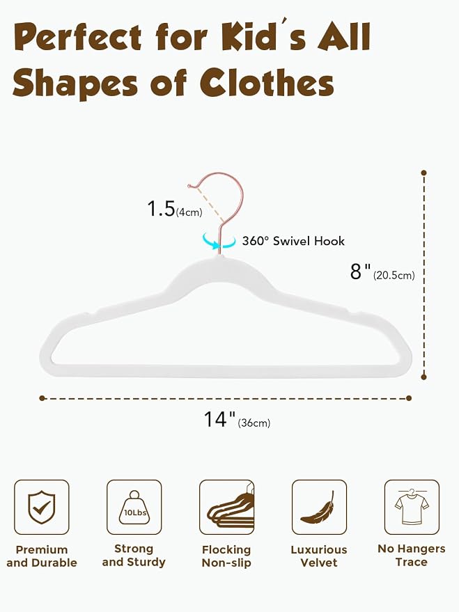 Smartor Kids Velvet Hangers 50 Pack, 14 Inch Premium Non Slip Kids Felt Hangers for Closet, Space Saving Toddler Clothes Hanger for Youth's Childrens' Clothes (Rose Gold Hook)- White
