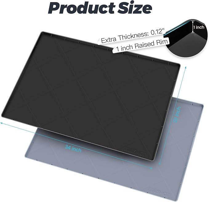 HUUSMOT Under Sink Mat 34" x 22", Extra Thick Waterproof Silicone Liner, Cabinet Protector Tray Organizer for Kitchen (Black)