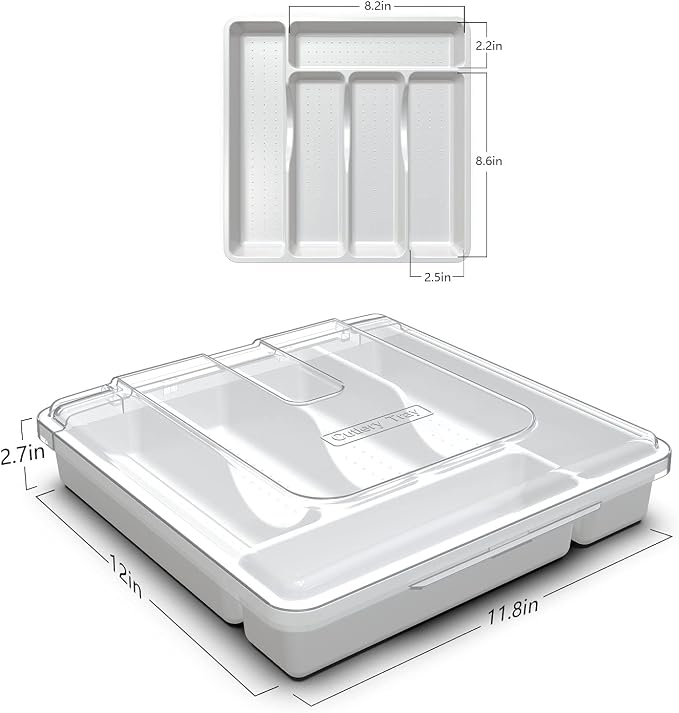 Silverware Organizer with Cover, Portable Cutlery Holder Flatware Tray with Lid Plastic Silverware Storage Box (White)