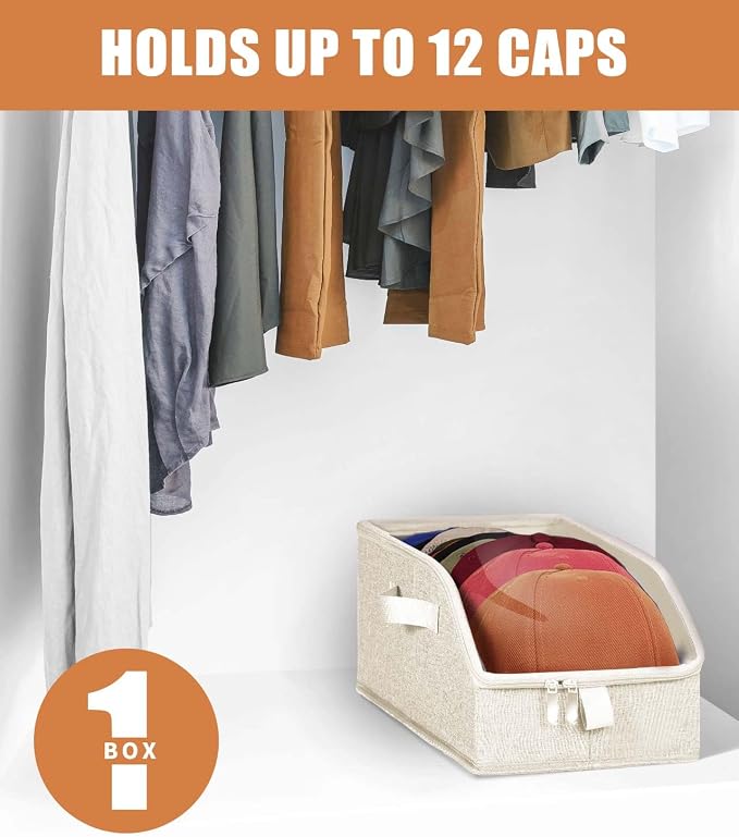 Livelab Hat Organizer for Baseball Caps, Hat Storage Box, Beige | 1Pcs | Clear Window, Space Saving and Easy to Store