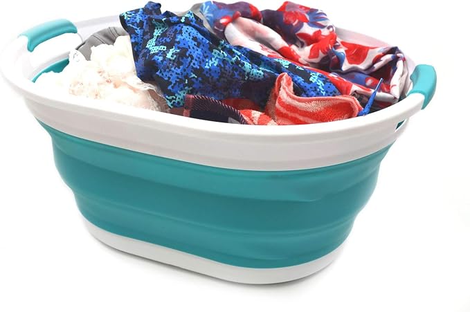 SAMMART 28L (7.4 gallon) Collapsible Plastic Laundry Basket-Oval Tub/Basket - Portable Washing Tub-Space Saving Laundry Hamper, Water capacity: 22L (5.8 gallon) (1, Bright Blue)