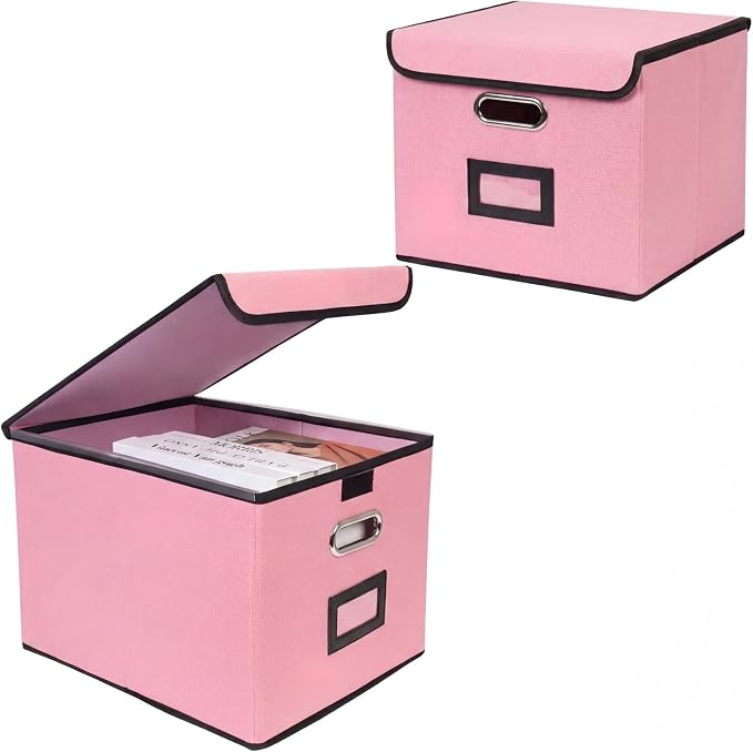 File Storage Box with Lid, 15.55x12.87x10.43 Inches, Foldable Organizer with Handles & Label Slot, for File Storage, Home, Office, and Closet Organization(2 Packs, Pink)