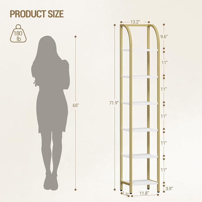 Hzuaneri Bookshelf Bookcase Narrow Bookcase Shelf Organizer with Steel Frame for Study Living Room Bedroom Kitchen Home Office Industrial Bookshelf 6-Tier White Gold BC56013A