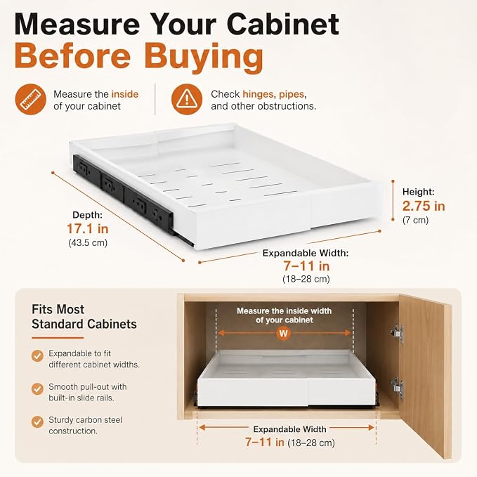 Pull Out Cabinet Organizer, Expandable 7"-11" Slide Out Cabinet Drawer, No Drilling Cabinet Organizer with Adhesive Nano Film for Kitchen Pantry Bathroom Under Sink Storage