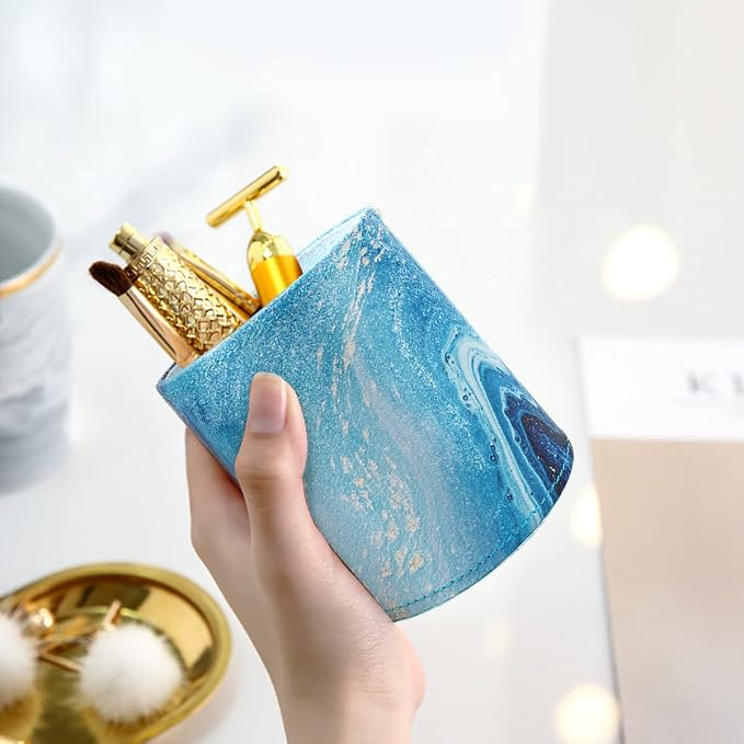 Marble Pen Holder for Desk, Pencil Organizer Office Decor, Large Makeup Brush Holder Pu Leather Multi-Functional Organizer Cup for Office, Home, Classroom, Blue Marble