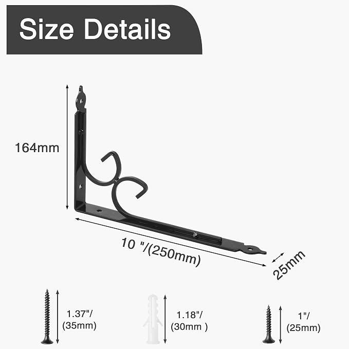 OVOV Shelf Brackets 4 Pcs Heavy Duty Decorative 10 Inch Black Right Angle Shelving Brackets Wall Mounted Shelf Supports for DIY Home Kitchen Living Room