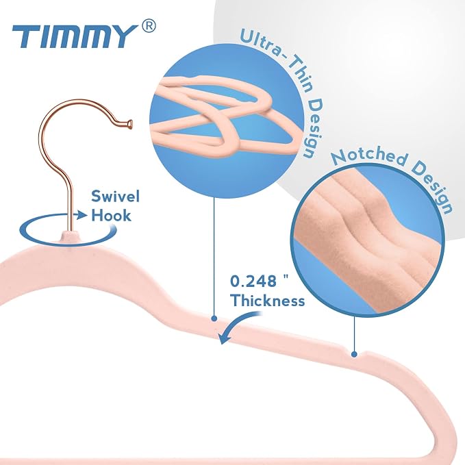 TIMMY Velvet Hangers - Suit (50-Pack) Ultra Thin Coat Hangers with Heavy Duty Construction, Holds up to 10 Lbs - Blush Pink/Rosegold Finishes