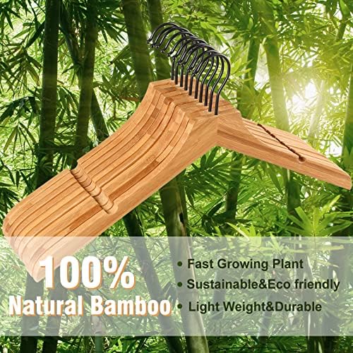 TOPIA HANGER Bamboo Wooden Hangers, Clothes Hangers with Rotatable Black Hook and Smooth Cut Nothces, Set of 12 Durable 