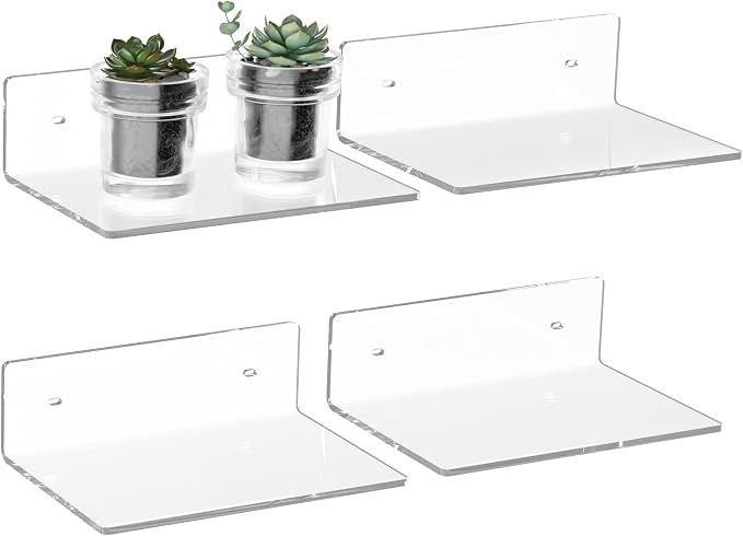 9 Inch Clear Wall Shelves, Acrylic Small Floating Shelf, Home Wall Display Shelf for Storage, Room Décor, Space Saving, Items Organizer, Bathroom Organizer, 4 Pack