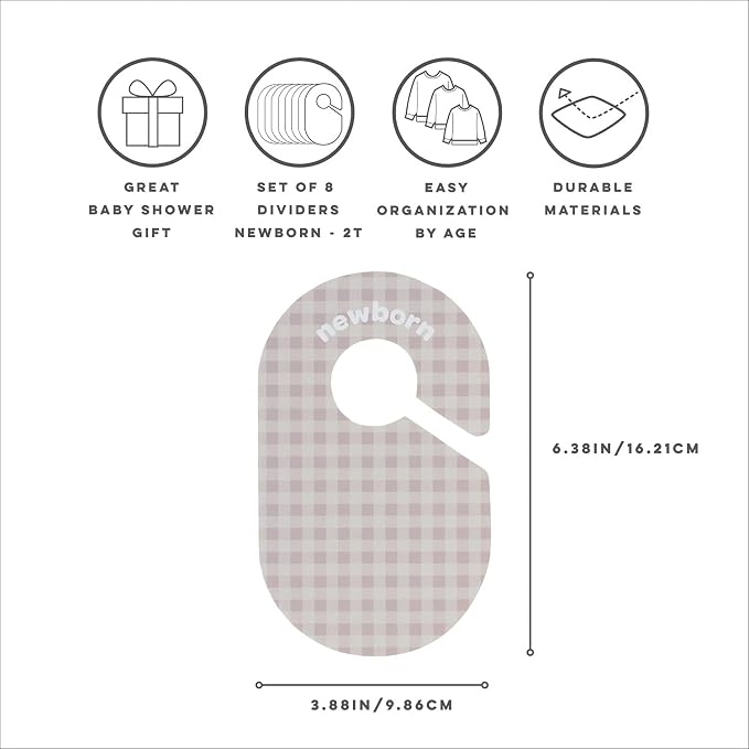 3 Sprouts Baby Closet Dividers, Newborn to 2T, Gingham, 8 Piece Set | Newborn to 2T sizing, 8-piece set, Double-sided size labels, Age labels, Nursery closet storage, Baby clothes organizer