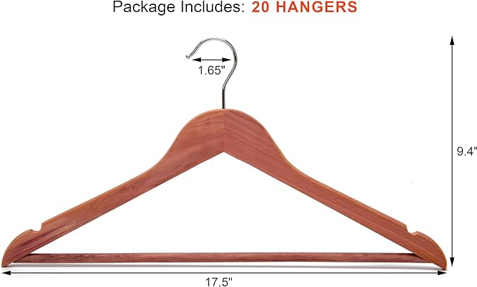 American Red Cedar Wooden Coat Suit Hangers 20 Pack, Wood Skirt Dress Hangers, Smooth Cut Notches- 360°Flexible Hook- Solid Non-Slip Bar-Natural - HL03N2