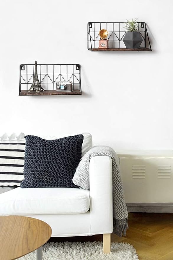 Mkono Floating Shelves Wall Mounted Set of 2 Rustic Wood Storage Display Shelf with Metal Wire Basket 11.4 Inches, Hanging Shelf for Bedroom Bathroom Living Room Kitchen Office, Brown,Small