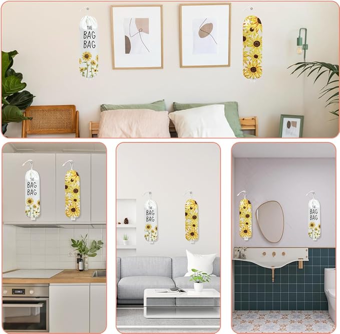 2Pcs Sunflowers Plastic Bag Holder 22.5x9 Inch, Wall Mount Grocery Bag Holder for Plastic Bags, Summer Floral Reusable Grocery Bags Storage Dispenser for Home Kitchen Decor, Sunflower Gifts for Women