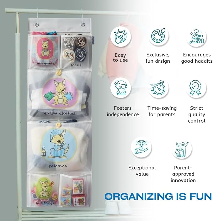 Room Hanging Storage Organizer, Fun & Colorful Storage & Organization for Clothes, Toys, & More. Wall & Door Attachable, Water-Resistant, Ideal for Kids' Room, Locker Kindergarten or Playroom (Gray)