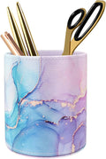 Large Capacity Colored Pen Holder for Desk, Leather Pencil Holder Pen Cup Marker Holder Makeup Brush Holders, Desk Accessories & Workspace Organizers for Home, Office, Pink Blue Marble
