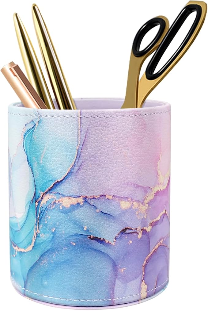Large Capacity Colored Pen Holder for Desk, Leather Pencil Holder Pen Cup Marker Holder Makeup Brush Holders, Desk Accessories & Workspace Organizers for Home, Office, Pink Blue Marble